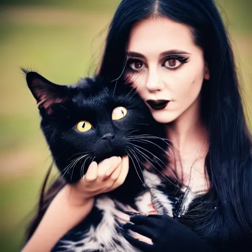 Image similar to a girl with long messy dark hair, messy goth make - up, shiny eyes, holding a cat in her arms, a stock photo by juan villafuerte, pexels contest winner, high quality photo, rtx, hd, rasquache