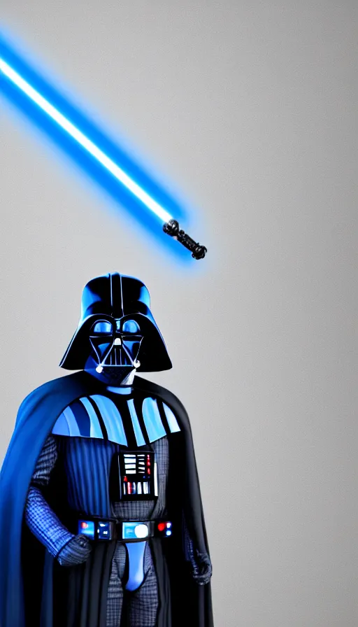 Image similar to A blue colored Darth Vader suit holding a blue lightsaber, 4k, dark background, 3d, full body image,