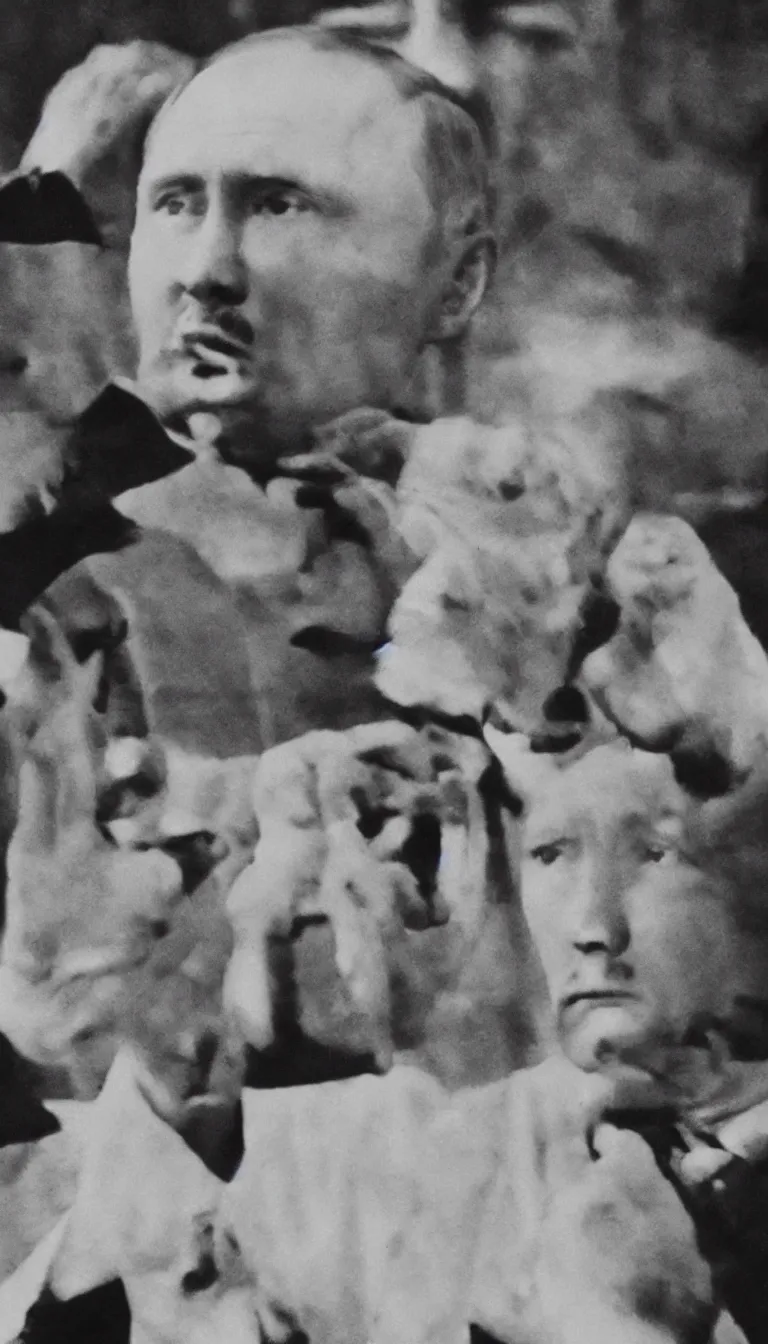 Prompt: vladimir putin as adolf hitler, hyper realism, world war 2 footage, black and white