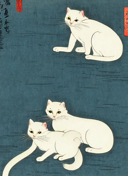 Image similar to whitecat with 2 baby white cats of utagawa hiroshige, digital painting 4 k uhd image, highly detailed