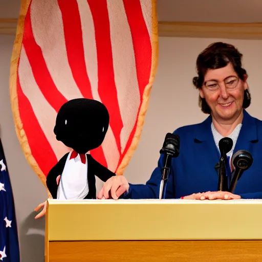 Image similar to president marionette with puppeteer in a podium giving a press conference