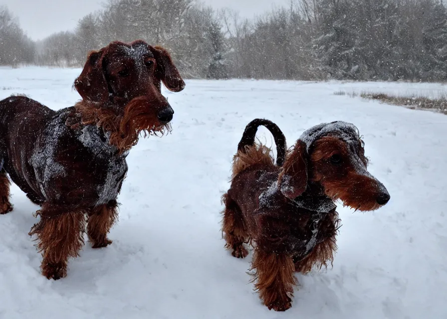 Prompt: Giant woolly dachshund, in the middle of a snow storm