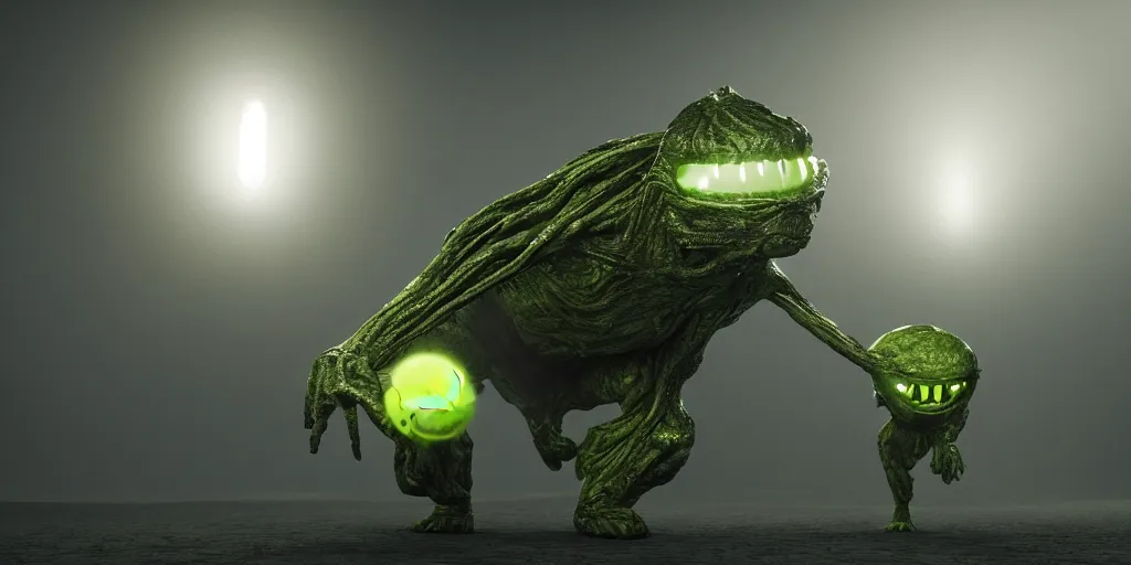 Image similar to a photo of 8 k ultra realistic tennis ball monster, tennis ball monsters, alien exotic, cinematic lighting, trending on artstation, 4 k, hyperrealistic, focused, high details, unreal engine 5, cinematic, alien planet atmosphere in background, 3 d render by basil gogos