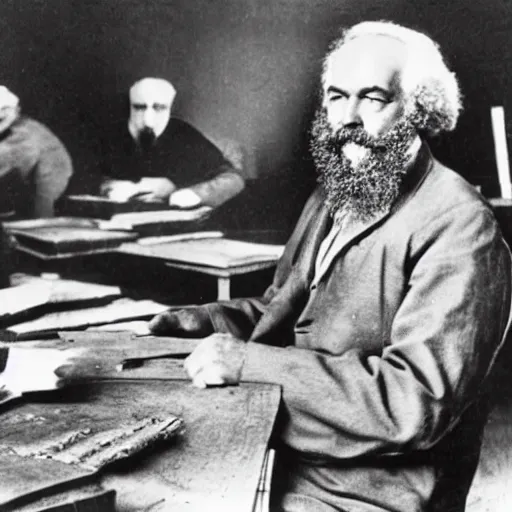 Image similar to Karl Marx smiling, working in sweatshop, happy, photograph