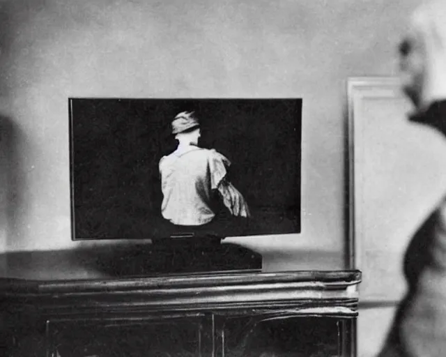 Image similar to 1 9 0 0 s photo of a person watching a flat screen hd tv