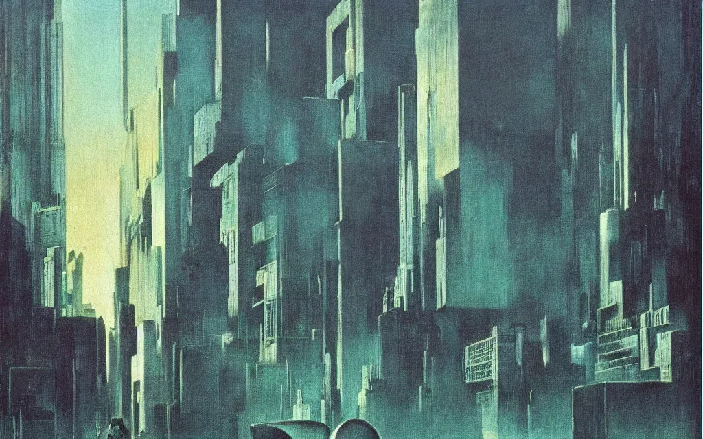 Image similar to colorized movie still from Metropolis: a robot wandering the city at night, oil painting by zdzisław beksiński, iridescent color palette chromatic aberration
