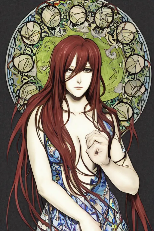 Image similar to Tonemapping Kurisu Makise in the style of Ayami Kojima and Alphonse Mucha