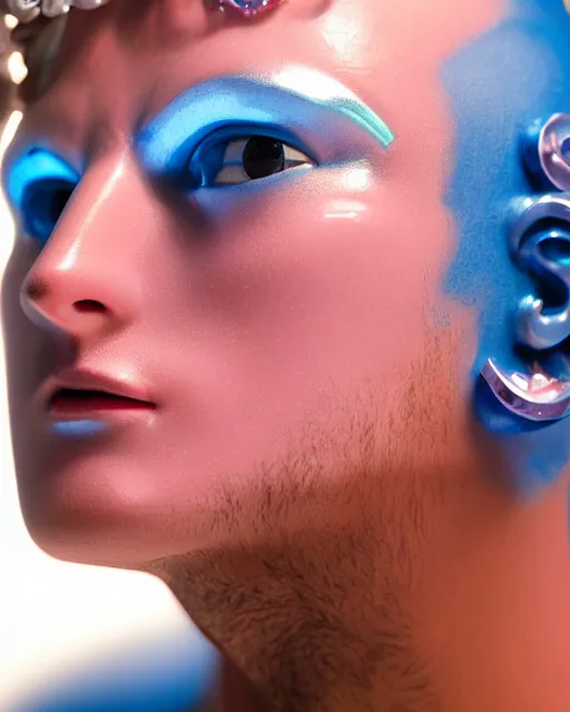 Image similar to natural light, soft focus portrait of a male android with soft synthetic pink skin, blue bioluminescent plastics, smooth shiny metal, elaborate ornate head piece, piercings, venetian mask, skin textures, by annie liebovotz,