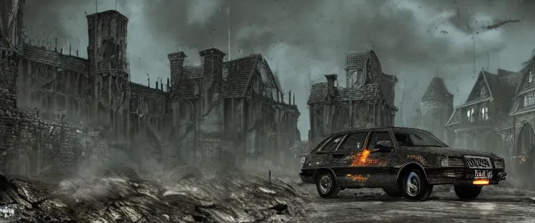 Image similar to Armored and Armed Military Audi 80 B3 Avant (1988) with a mounted M249, Dark Souls 3, Eldritch Horrors, Wretched and Corrupted Knights, a grim fantasy, Anor Londo, dramatic lighting, cinematic, establishing shot, extremely high detail, photorealistic, cinematic lighting, artstation, by simon stalenhag