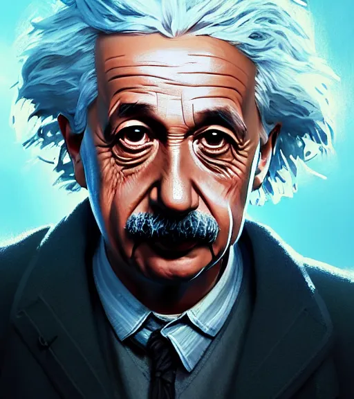 Image similar to highly detailed portrait albert einstein in gta v, stephen bliss, unreal engine, fantasy art by greg rutkowski, loish, rhads, ferdinand knab, makoto shinkai and lois van baarle, ilya kuvshinov, rossdraws, tom bagshaw, global illumination, radiant light, detailed and intricate environment