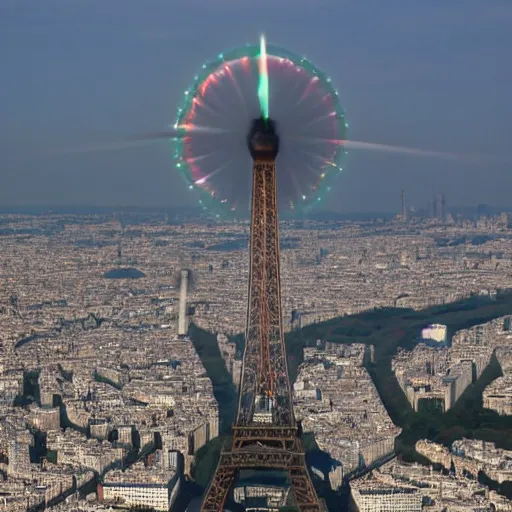 Image similar to Sauron's Eye from LotR at the top of the Eiffel Tower