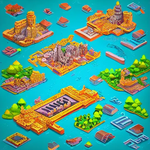 Image similar to isometric fantasy art of a giant waterfall city with tall skybridges and turrets, bold colors, detailed