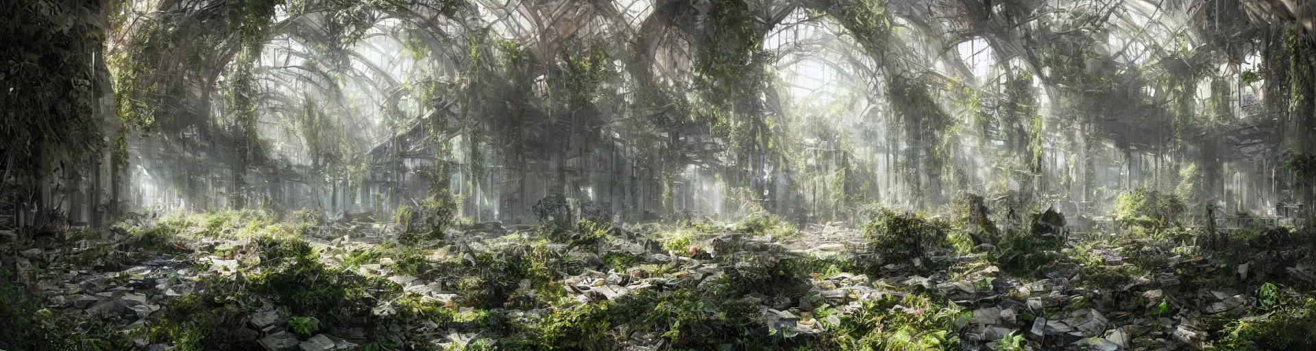 Image similar to In the midst of a densely overgrown ruin, a large space with sunlight filtering through the broken windows, a high ceiling, a vast floor, flooded with crystal clear water, gorgeous, trending on Artstation, digital art