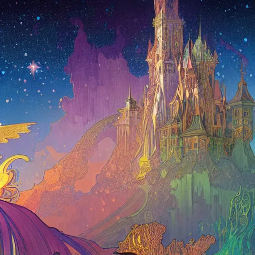 Image similar to a beautiful highly detailed digital art of colorful castle nebulas by, moebius, alphonse mucha, stars in the background, highly detailed, intricate design, cinematic view, 8 k resolution, trending on artstation