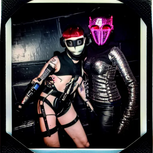 Prompt: Polaroid photo of a provocative techwear packed busy rundown nightclub, lots of people, males and females breakdancing, variety of sharp sparkly creepy masks, harnesses and garters, some people holding drinks or have robot limbs or have cybernetic mods, tattoos and piercings, retrofuturism, brutalism, cyberpunk, sigma 85mm f/1.4, 15mm, 35mm, tilted frame, long exposure, 4k, high resolution, 4k, 8k, hd, wide angle lens, highly detailed, full color, harsh light and shadow, intoxicatingly blurry