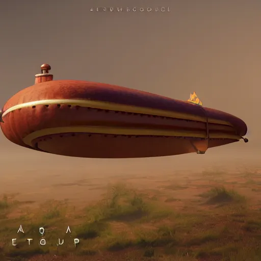 Prompt: a 3d render of a art of a steampunk airship with a shape of an hot dog, unreal engine, 4k, Trending on artstation