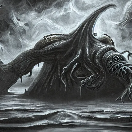 Image similar to cthulhu sleeps at r'lyeh. dramatic. wide angle. digital painting. trending on art station.