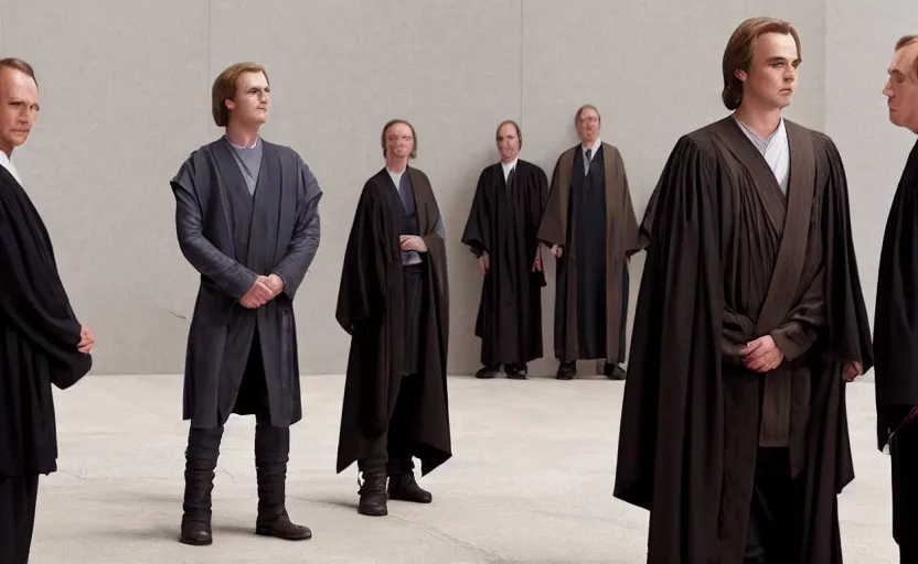 Image similar to anakin skywalker played by hayden christensen wearing jedi robes is talking to a lawyer saul goodman played by bob odenkirk wearing a suit in court, better call saul court scene 1 0 8 0 p, jimmy mcgill in court, court session images, realistic faces