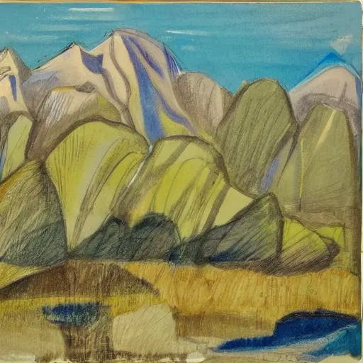 Image similar to magnificent by constantin joffe celadon. drawing. a landscape of a mountainous area with a river running through it. there are trees & plants in the foreground, & the mountains are in the background.