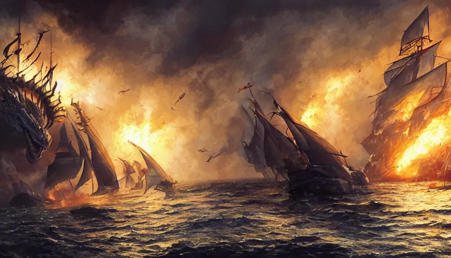 Image similar to dragon attacking a single navy sailing ship, old sailing warship attacked by fire breathing dragon as the sailing ship pulls into port by greg rutkowski