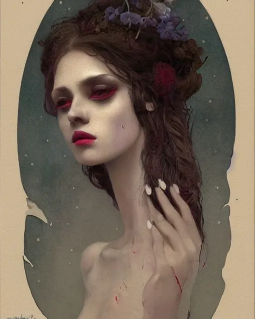 Image similar to a beautiful but sinister and creepy woman in layers of fear, with haunted eyes, violence in her eyes, putting on lipgloss, 1 9 7 0 s, seventies, delicate embellishments, a little blood, woodland, moonlight shining on wildflowers, painterly, offset printing technique, by alexandre cabanel