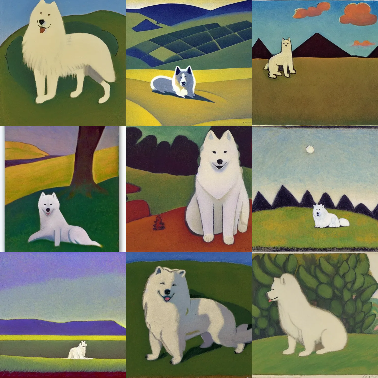 Prompt: a samoyed dog sitting in the middle of sunny meadow, by arthur dove