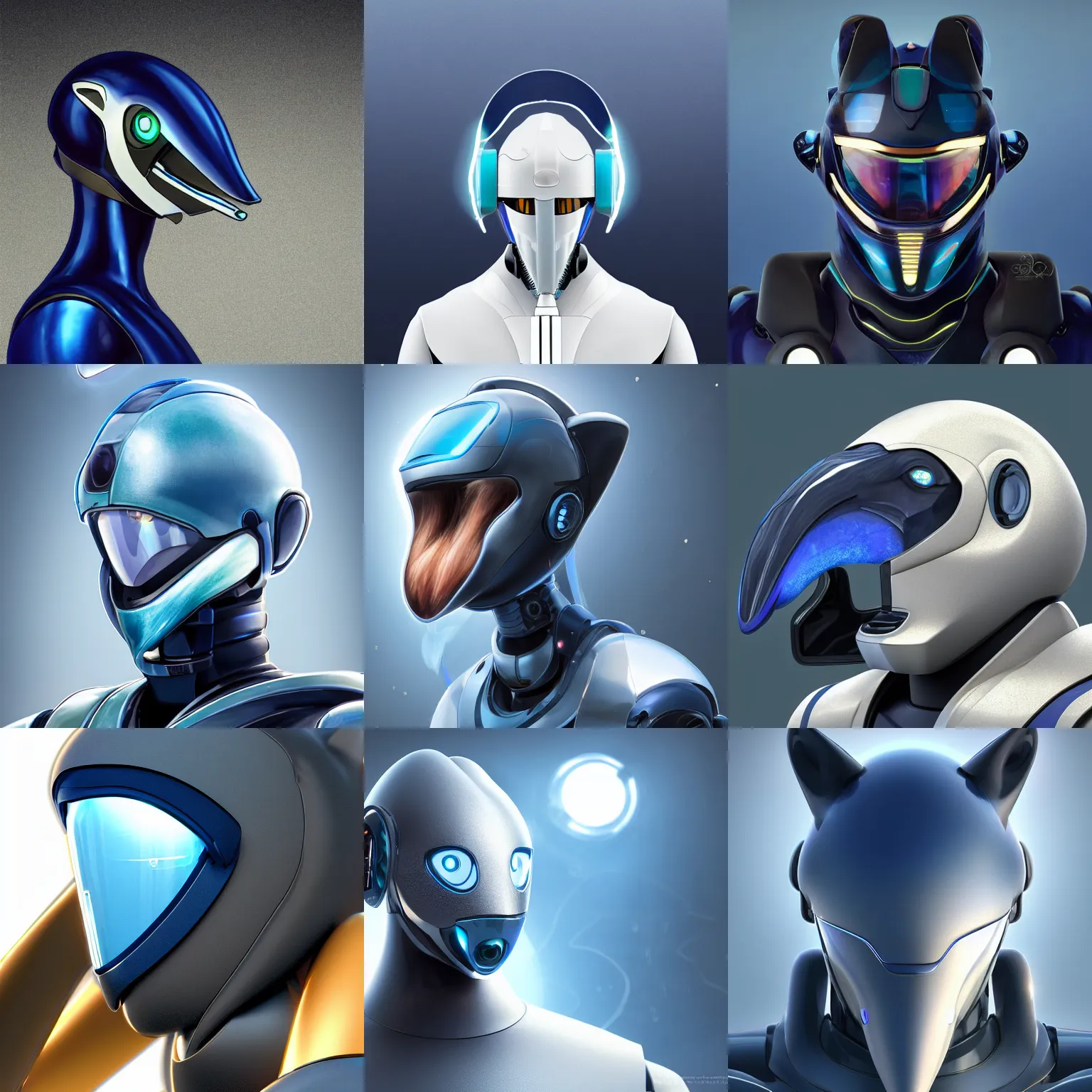 Prompt: very very beautiful furry art, bust profile picture of a male robotic anthro dolphin, synthetic cetacean hybrid android, face covered by opaque visor, wide bottlenose snout below visor, sleek round shapes, all dark blue metal, integrated design, commission on furaffinity, cgsociety, octane render, sea in background