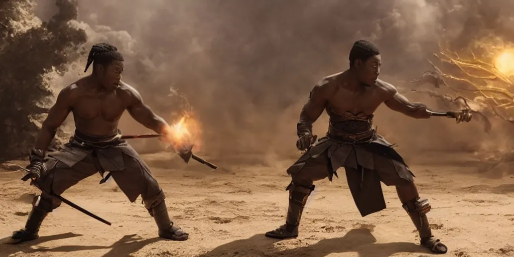 Image similar to a film still of a black man starring in a japanese blockbuster film as ancient samurai, battling against alien creatures, shallow depth of field, cinematic, award winning cgi, vfx, film still