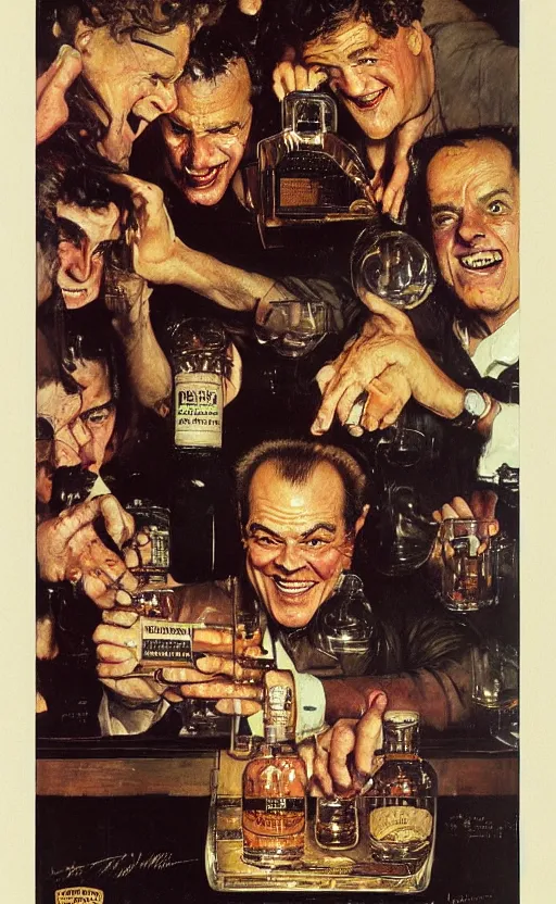 Prompt: illustration, inside a bottle of whiskey we see jack nicholson face, by norman rockwell, roberto ferri, daniel gerhartz, edd cartier, jack kirby, howard brown, tom lovell, jacob collins, dean cornwell