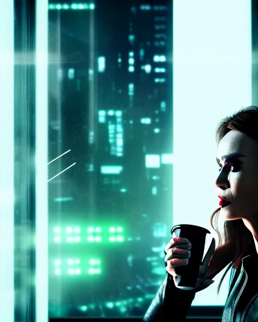 Image similar to a terminator cyborg lady with borg implants and a human face is drinking coffee near a window with dystopian city visible outside. tiny green led lights in her cybernetics. very detailed 8 k. horror cyberpunk style.