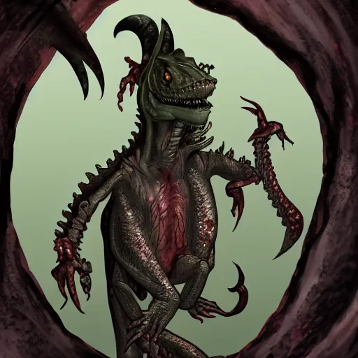 Image similar to big butcher anthropomorphic male lizardfolk posing scarily, scary angry pose, chasing you, bloody, covered in blood, fresh kill, cleaver, in a cave, earie setting, lovecraft eldritch horror, hyperdetailed, furaffinity, anthro art