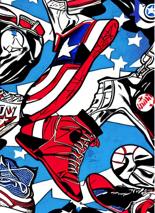 Image similar to basketball sneaker of Captain America, view from the side, comics book cover style