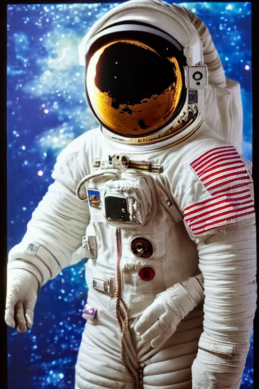 Image similar to extremely detailed studio portrait of space astronaut, holds a smart phone in one hand, phone!! held up to visor, reflection of phone in visor, moon, extreme close shot, soft light, golden glow, award winning photo by david lachapelle