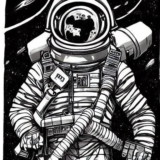 Image similar to character concept art, manga drawing, astronaut, sci fi!!!!, pen and ink illustration, mike mignola, trending on artstation