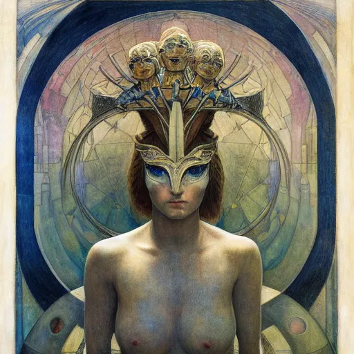 Prompt: the robot queen with her bird mask, by annie swynnerton and diego rivera and elihu vedder and jean delville, symbolist, dramatic lighting, elaborate geometric ornament, head and shoulders view, art brut, soft cool colors, smooth, sharp focus, extremely detailed, adolf wolfli, donato giancola, leo and diane dillon