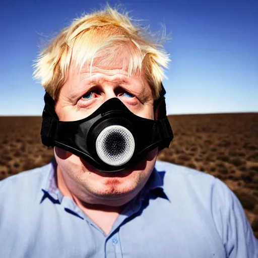 Prompt: A photo of Boris Johnson in underwear and a gask mask, Breaking Bad, New Mexico desert, cinematic lighting, RV