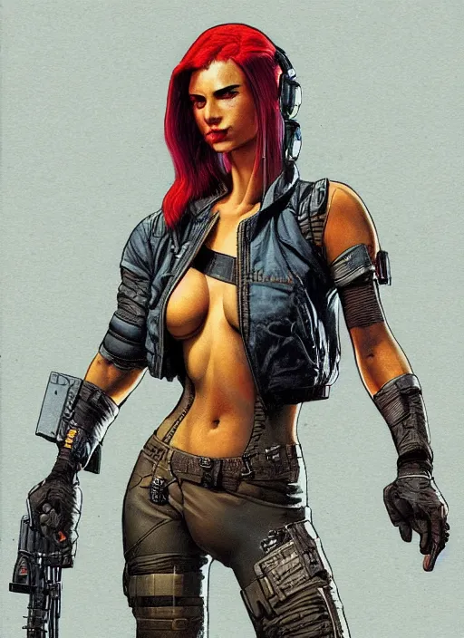 Image similar to cyberpunk mercenary. portrait by stonehouse and mœbius and will eisner and gil elvgren and pixar. realistic proportions. cyberpunk 2 0 7 7 character design, apex, blade runner 2 0 4 9 concept art. cel shading. attractive face. thick lines.