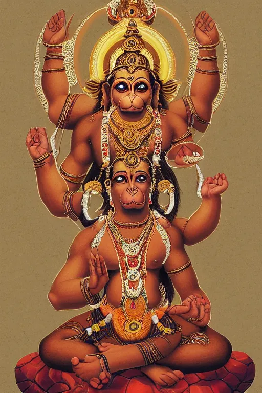 Prompt: a full body portrait of a beautiful ornated hanuman god, arms pointing up!!!, meditative sacral pose, hindu stages of meditation, intricate, elegant, highly detailed, line art!!!!!!!, artstation, concept art, smooth, sharp focus, illustration, art by krenz cushart and artem demura and alphonse mucha