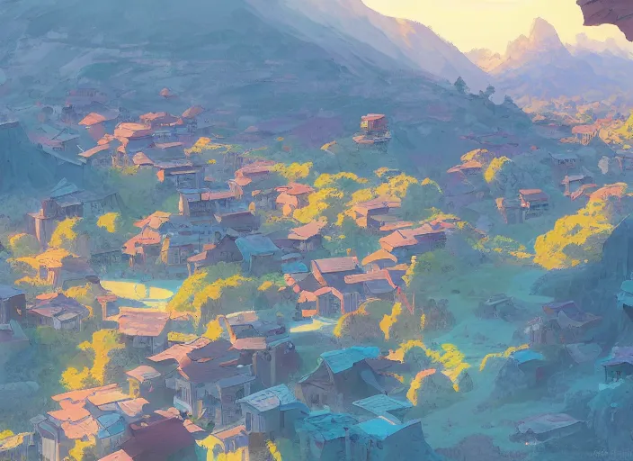 Image similar to concept art painting of a small village in a valley seen from above, european japanese buildings, early morning, cel shaded, detailed, realistic, by makoto shinkai and moebius and anton fadeev and james gurney