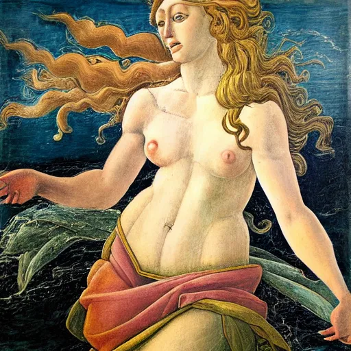 Image similar to neptune amongst the tempest, by botticelli, oil painting, pastel colours, strong contours