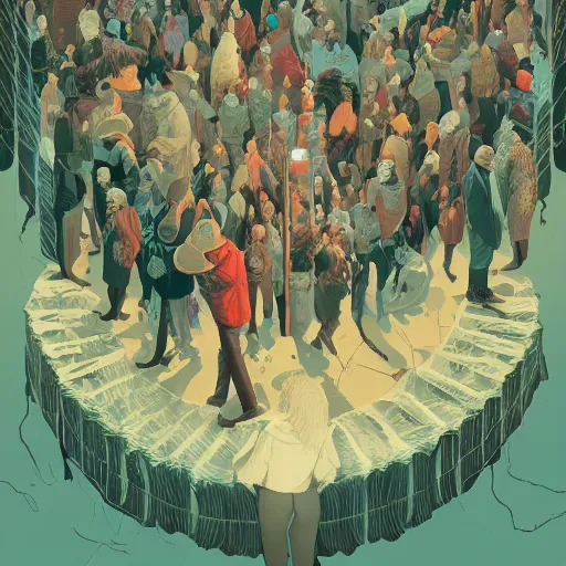 Prompt: poster artwork by Michael Whelan and Tomer Hanuka, Karol Bak of collective satori in a huge crowd, visual representation of collective consciousness, from scene from Twin Peaks, clean, simple illustration, nostalgic, domestic, full of details