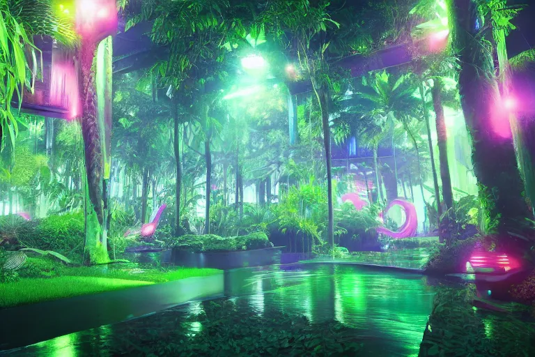 Image similar to neon rainforest, detailed render, hyperrealistic, cgsociety, artstation, 4k