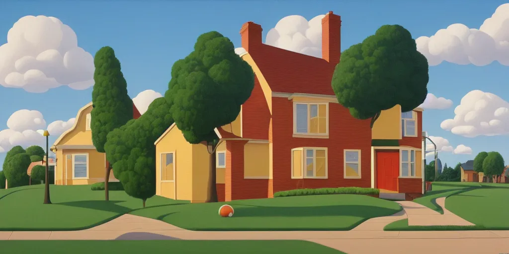 Image similar to the simpsons house clouds, blue sky, summer evening, kenton nelson