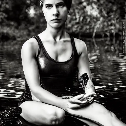 Image similar to portrait of a stunning female cyborg, ex machina, sitting in a pond, in the style of sally mann, photograph, black and white