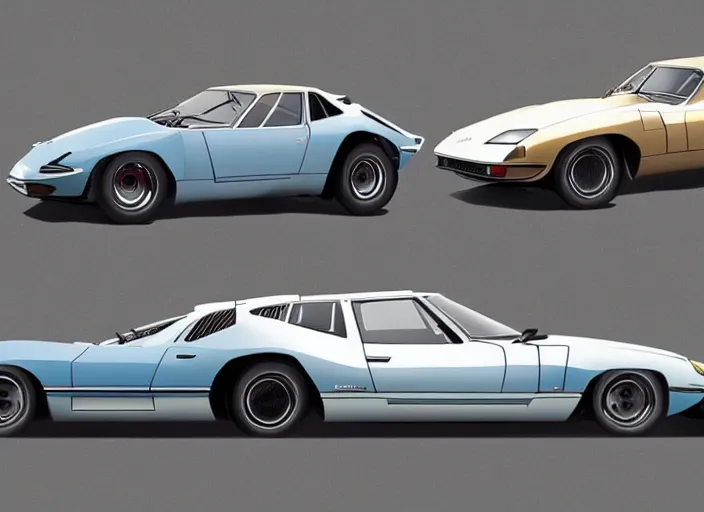 Image similar to a blending and amalgamation of a lamborghini countach, datsun 2 6 0 z and a jaguar e - type, concept art, 8 k, highly detailed