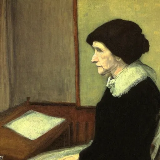 Prompt: Whistler's Mother watching Fox News, in the style of James McNeill Whistler