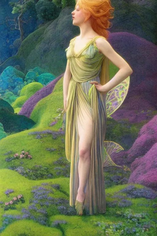 Prompt: a beautiful fairy wearing a silk gown, in a lord of the rings scenery landscape, rainbowshift, by maxfield parrish, artgerm