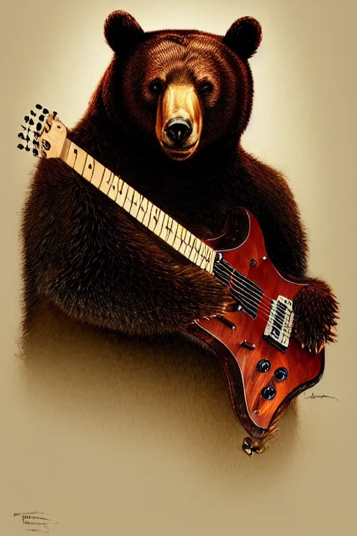 Image similar to realistic bear playing broken lines electric guitar, realistic portrait, symmetrical, highly detailed, digital painting, artstation, concept art, smooth, sharp focus, illustration, cinematic lighting, art by artgerm and greg rutkowski and alphonse mucha