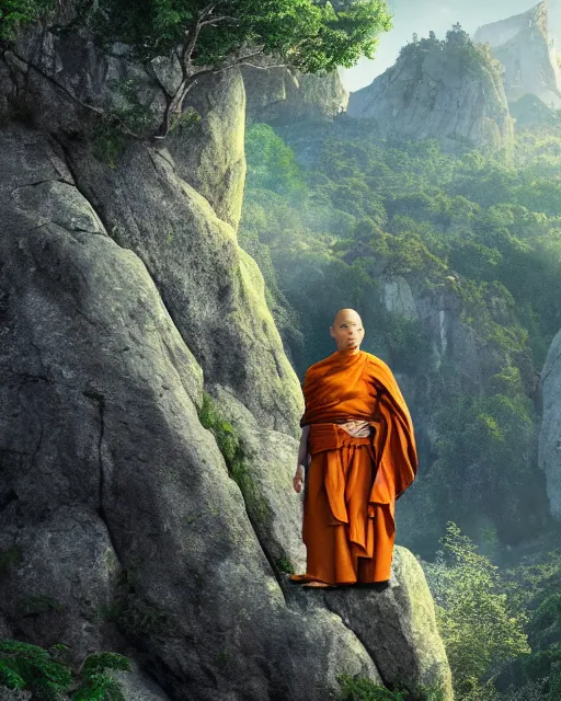 Prompt: a close up of a magical monk floating above a large rock in the mountains with trees in the background. highly detailed beautiful digital wallpaper art, 4 k, cinematic composition
