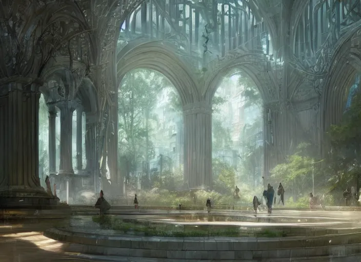 Image similar to A train subway inside a beautiful elven city made of white marble, anime, lush trees, fountain, statue, a fantasy digital painting by Greg Rutkowski and James Gurney, trending on Artstation, highly detailed
